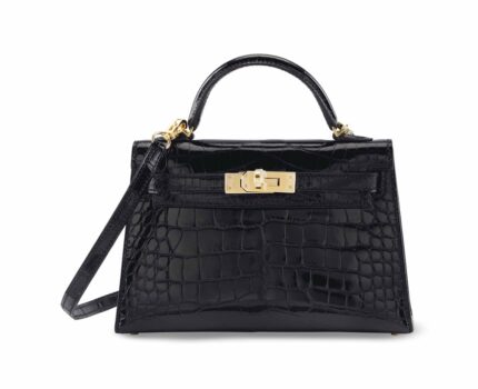Hermès A SHINY BLACK ALLIGATOR SELLIER MINI KELLY 20 II WITH GOLD HARDWARE