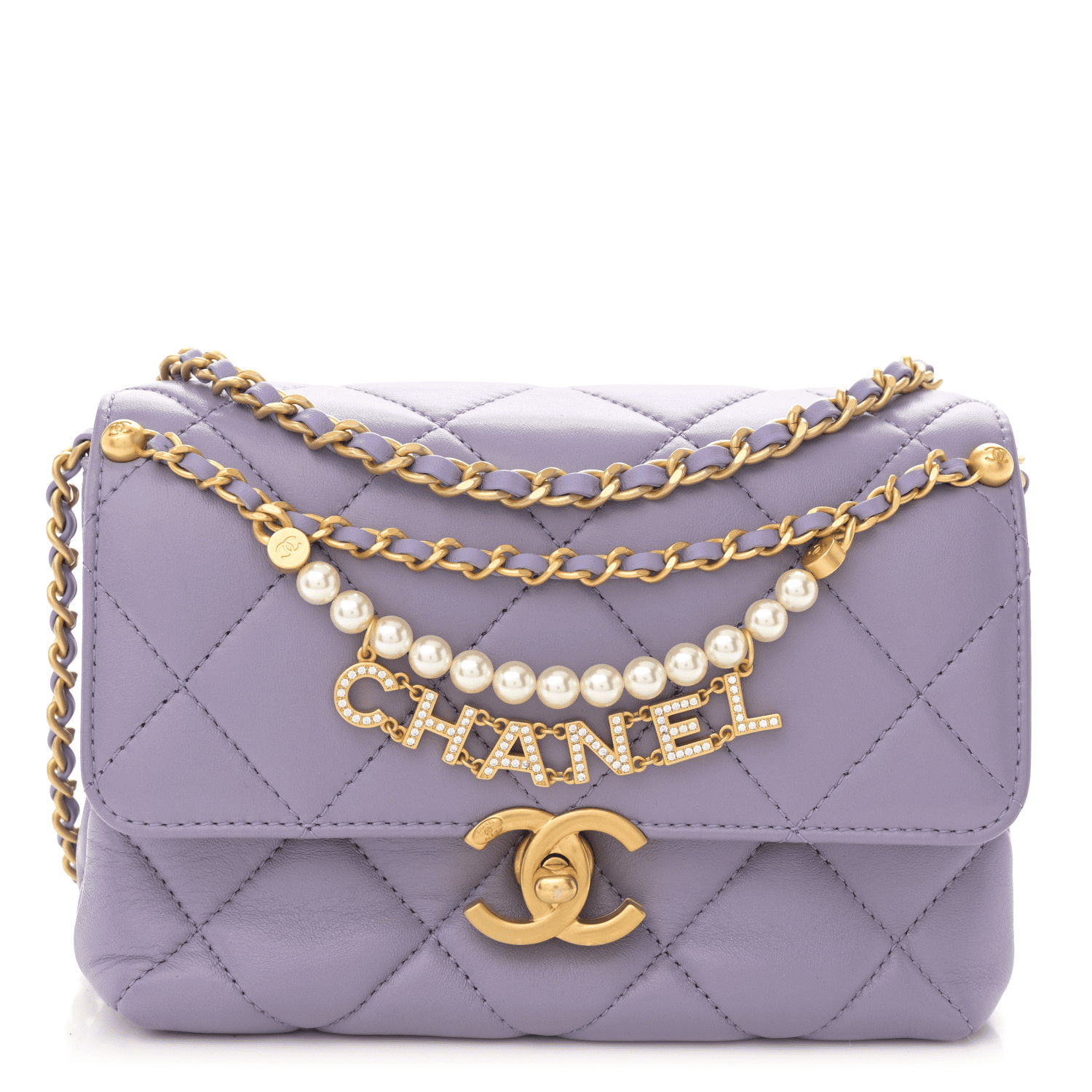 7af4da71391092da3e4651a8b1b54d2e Chanel Shiny Lambskin Quilted Mini Pearl Logo Flap Light Purple - Image 1