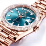 Rolex Day-Date 36 128345RBR Rose Gold Diamond Bezel Blue-Green Baguette Marker Dial - Image 2