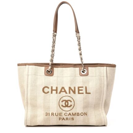 Chanel Mixed Fibers Calfskin Striped Deauville Tote Beige