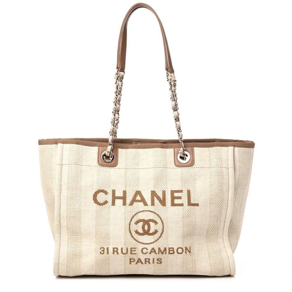 bebeee079bd3f1e37dc06114e6e0916e Chanel Mixed Fibers Calfskin Striped Deauville Tote Beige - Image 1
