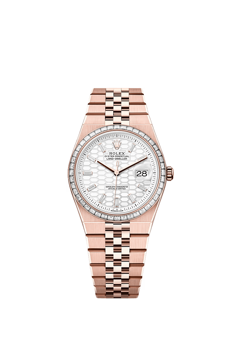 cb59809caa1fe507e8b6752610d9ed03 Rolex Land-Dweller 127285TBR Rose Gold Intense White Dial Diamond Bezel - Image 1