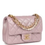 Chanel Mini Square Pearl Flap Bag Light Pink Iridescent Lambskin Brushed Gold Hardware - Image 6