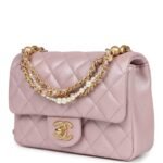 Chanel Mini Square Pearl Flap Bag Light Pink Iridescent Lambskin Brushed Gold Hardware - Image 3